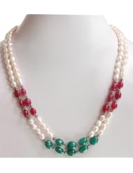 Fashionable 2 Rows Natural Classy Cabochon Ruby, Emerald & Fresh Water Pearl Beaded Necklace