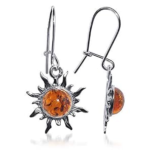 Sterling Silver Flaming Sun Amber Dangle Hook Earrings