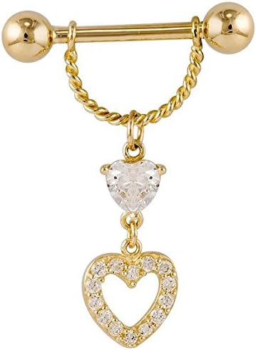 PAIR of 14 Karat Solid Yellow Gold Heart Pave Gemmed Dangle Nipple Ring