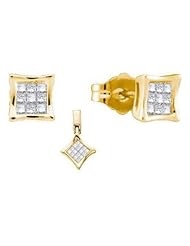 Princess Diamond Stud Earrings 14K Yellow Gold Kite Shape Bridal Wedding Jewelry Set 0.3 cttw (Real Diamonds: 0.3 cttw)