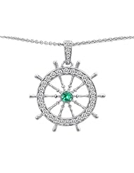 Original Star K (tm) Captain Wheel Pendant With Round Simulated Emerald in 925 Sterling Silver