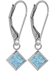 Girls 14K White Gold 1.50 Carat Princess Cut Square 5mm Genuine December Blue Topaz Leverback Gem Earrings