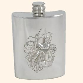 Pewter rectangular hip flask with fisherman decoration
