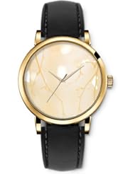 SPRAWL Aanalog Fashion Series Gold Ladies Watches of Genuine Black Leather Strap,Unique Wrist Watch for Women Girls Designed with Branches on beige background