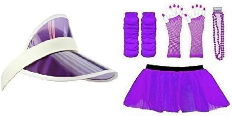 (RB Fashions Clothing)1980's Neon Five Piece's Adult Fancy Dress Tutu Set Tutu,Sun Visor ,Fishnet Gloves,Legwarmers,Beads Hen and Stag Night Party (Purple) by RB Fashions