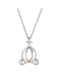 Sterling Silver and 14k Rose Gold Plate Heart and Diamond Cinderella Carriage Necklace, 14" (.03 Cttw)