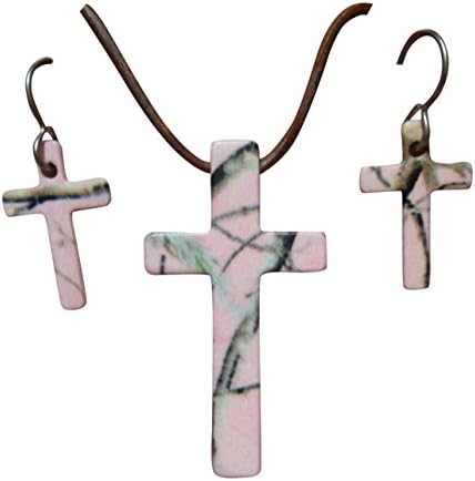 Realtree Pink Cross & Earring Gift SET, Camo Steel Leather Pendant, Made in USA (Realtree APC Pink Camo)