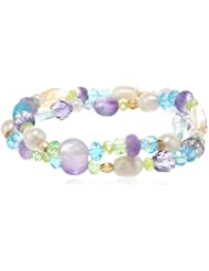 Multi-Gemstone, Crystal and White Freshwater Cultured Pearl Double Strand Bracelet, 7.5"