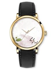 SPRAWL Aanalog Fashion Series Gold Ladies Watches of Genuine Black Leather Strap,Unique Wrist Watch for Women Girls Designed with White background with leaves