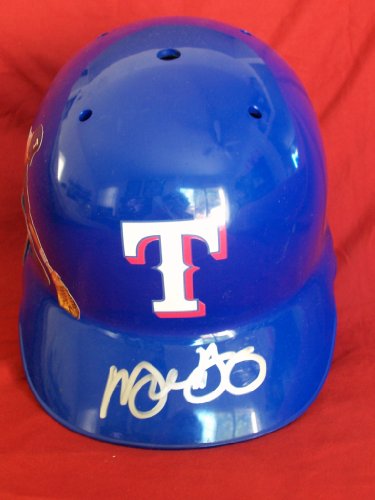 2011 World Series Michael Young Autographed Custom Blue Texas Rangers Photo Batting Helmet, Proof Photo of Michael Signing for Us.