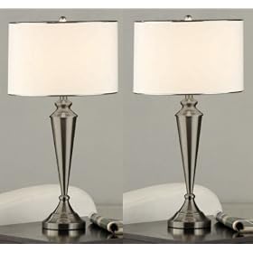 Set of 2 Brush Nickel Metal & Fabric Shade Table Lamps