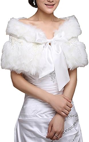 ROPALIA Womens Faux Fur Wedding Bridal Ribbon Lace Shawl Stole Shrug Cape Beige