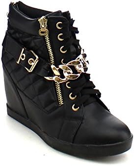 CITY SNAPPERS 3112-20 Women's Stylish Hidden Wedge Heel Lace Up Sneakers, Color:BLACK, Size:9