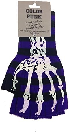 Short Fingerless Pair of Gloves- Purple with Skeleton Print- 1pair