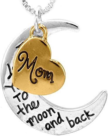 Sterling Silver Plated Two-Tone with Yellow Gold Flashed Heart "Mom I Love You To The Moon and Back" Pendant Necklace, 18"
