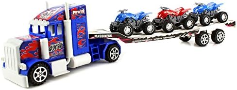 Monster Big Rig Trailer Children's Kid's Friction Toy Truck Ready To Run w/ 3 Toy ATVs, No Batteries Required (Colors May Vary)