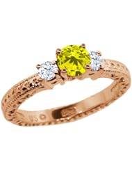 0.83 Ct Round Canary Diamond White Topaz 14K Rose Gold 3-Stone Ring