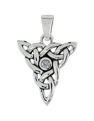 Sterling Silver Triquetra Celtic Knot Pendant Clear CZ, 18 inch starter chain included