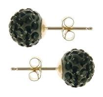 9ct Yellow Gold 8mm Ladies Black Crystal Ball Stud Earrings