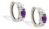 14K White Gold Genuine Oval Amethyst and Diamond Huggy Earrings