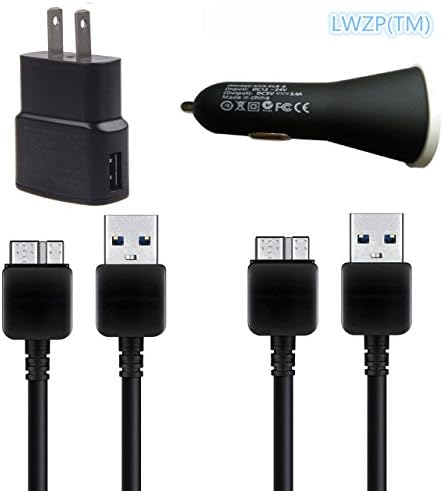 LWZP(TM) High Quality 4 in 1 USB 3.0 Cable, Car & Wall Charger 4 Pc Set - Includes (2) 3 Ft 1m Cable, (1) Car Charger, and (1) Wall Charger for Samsung Galaxy Note 3 & Galaxy S5 (Black)