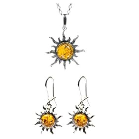 Baltic Honey Amber and Sterling Silver Flaming Sun Set, 18": Ian and Valeri Co.: Jewelry