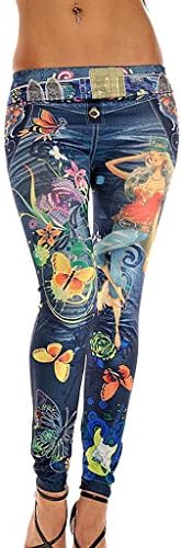 Egelbel Women Sexy legging Flower Butterfly Denim Fake Jeans Tregging Tight