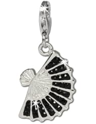 SilberDream Glitter Charm fan with black Czech crystals 925 Sterling Silver Charms Pendant with Lobster Clasp for Charms Bracelet, Necklace or Earring GSC525S