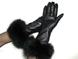 Cashmere Lined Black Lambskin Leather Long Gloves w/Fox Trim