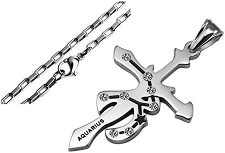 Aquarius Stainless Steel Unique Sign Crosses Shape Fashion Pendant Necklace, Silver, 2.5 mm 24 inch Chain