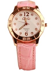 NingDom® Lovely Luxury Crystal Womens Luminous Pointer Watches PU Leather Band Wrist Bracelet Quartz Watches 4 Colors (Pink Band)