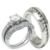 His & Hers 3 Pieces, 925 Sterling Silver & Stainless Steel Engagement Wedding Ring Set