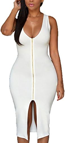 Liberty Queen Women's V Neck Sleeveless Zipper Bodycon Dress One Size White