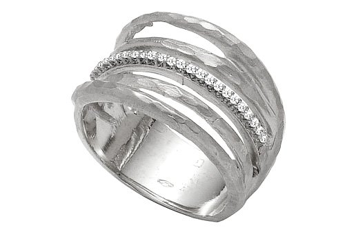 14 Karat White Gold Hand-Crafted Matte-Finish Designer Ring, Enhanced with Pave Set Diamonds.