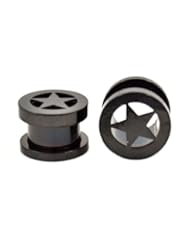 Jewelry: Pair (2) Black Titanium Star Ear Plugs Screw Fit Tunnels Hollow Gauges- 4G 5MM