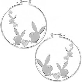 Playboy Hoop Earrings Triple Bunny Logo with Crystal Hearts Authentic Licensed Jewelry CPBE2551