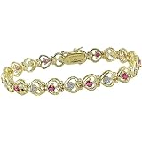 Yellow Gold Plated Sterling Silver Diamond and Ruby Heart Bracelet, 7.5