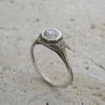 14k White Gold Unusual Art Deco Style Engraved Filigree Gold Ring, Center CZ
