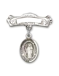 Sterling Silver Baby Badge with St. Joseph the Worker Charm and Arched Polished Badge Pin
