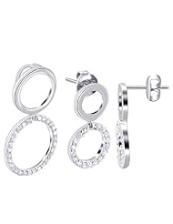 Sterling Silver Clear Cubic Zirconia and Polish Finish Twin Hoop Earrings and Pendant Set