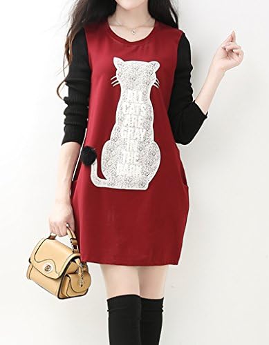 Musf Women Cat in the Long Round Neck Long Sleeve T-shirt (Wine red)