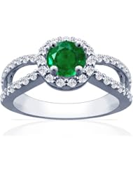 14K White Gold Round Cut Emerald Ring With Sidestones