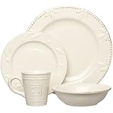 Signature Housewares Sorrento Collection Stoneware 4-Piece Dinnerware Set, Ivory Antiqued Finish