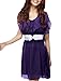 Allegra K Women Scoop Neck Ruffled Short Sleeve Chiffon Dress w Belt,Dark Purple, Large