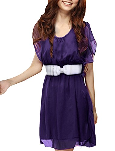 Allegra K Women Scoop Neck Ruffled Short Sleeve Chiffon Dress w Belt,Dark Purple, Large