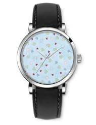 SPRAWL Aanalog Fashion Series Silver Ladies Watches of Genuine Black Leather Strap,Unique Wrist Watch for Women Girls Designed with Various colorful hearts