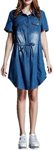 Plus Size Womens Casual Drawstring Waist Polo Shift Tunic Denim Blue Shirt Dress