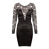 2B New Womens Black Lace Long Sleeve Low Open Back Ladies Fashion Satin Dress Size 8-14
