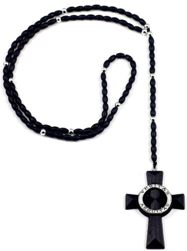 Veritas Aequitas Black/Silver Color Natural Wood 34 Inch Plus 5 1/2 Inch Drop Pendant Rosary Necklace