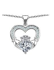 Celtic Love by Kelly (tm) Hands Holding 8mm Crown Heart Claddagh Pendant with Genuine White Topaz in 925 Sterling Silver